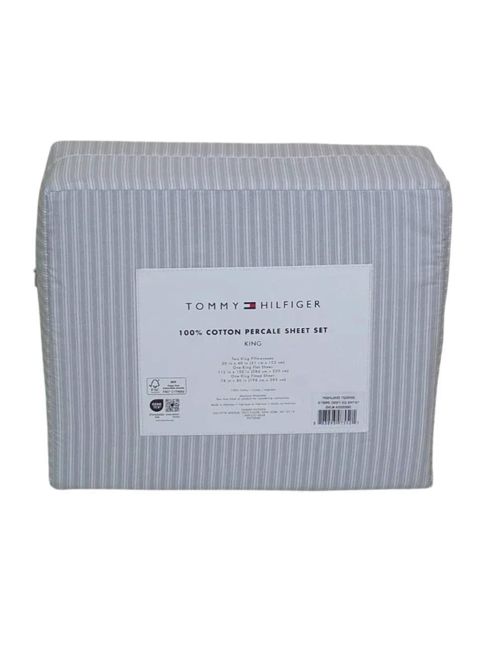 Tommy Hilfiger 100% Cotton Percale King Sheet Set Highland Ticking Stripe Grey